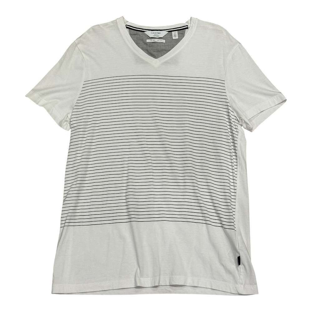 Calvin Klein Shirt Mens Small White Striped Body Fit Pima Cotton V Neck Tee